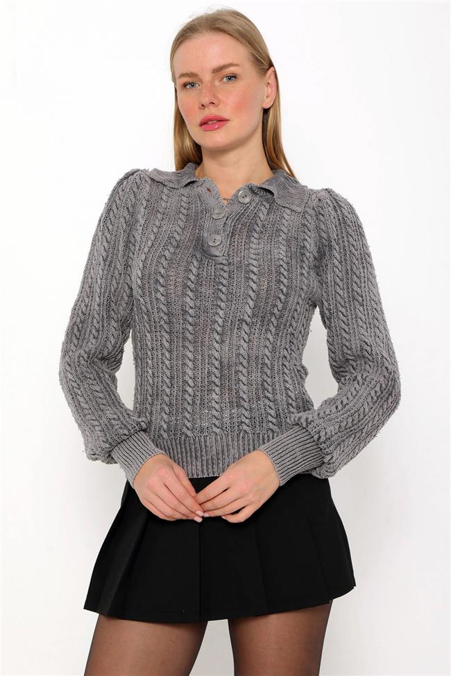 Saç Örgülü V Yaka Hırka Gri