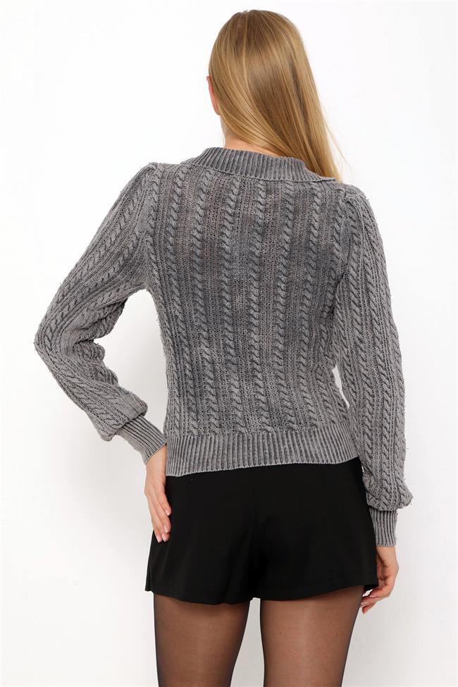 Saç Örgülü V Yaka Hırka Gri