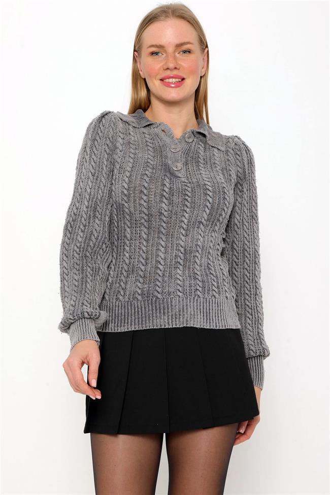 Saç Örgülü V Yaka Hırka Gri