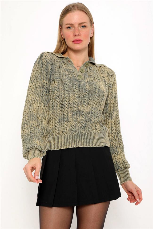 Saç Örgülü V Yaka Hırka Haki