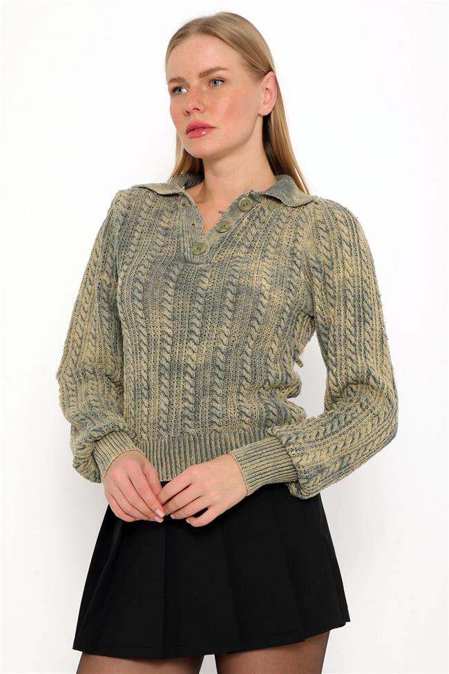 Saç Örgülü V Yaka Hırka Haki