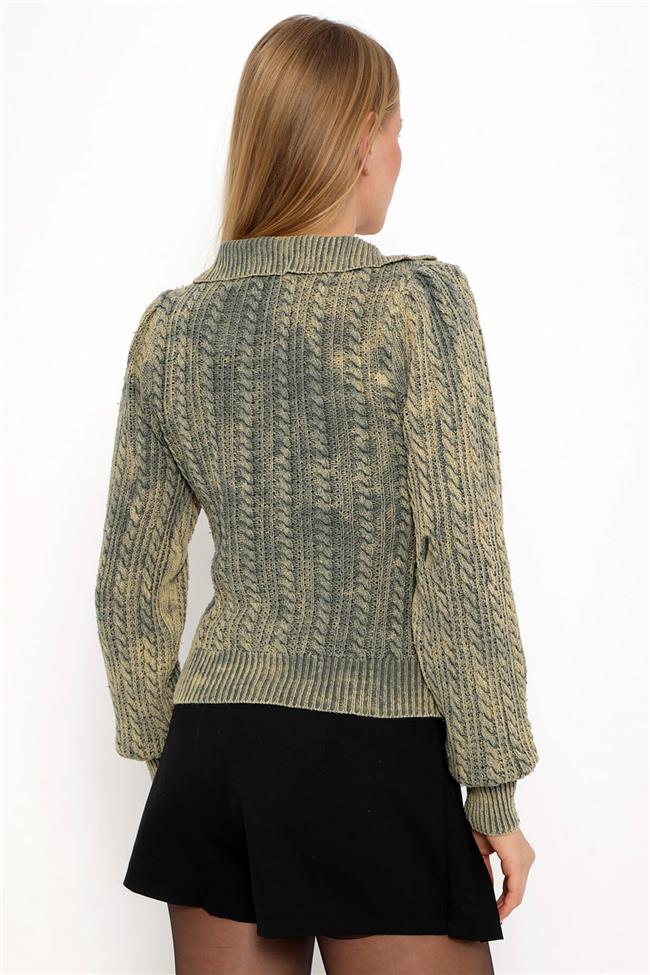 Saç Örgülü V Yaka Hırka Haki