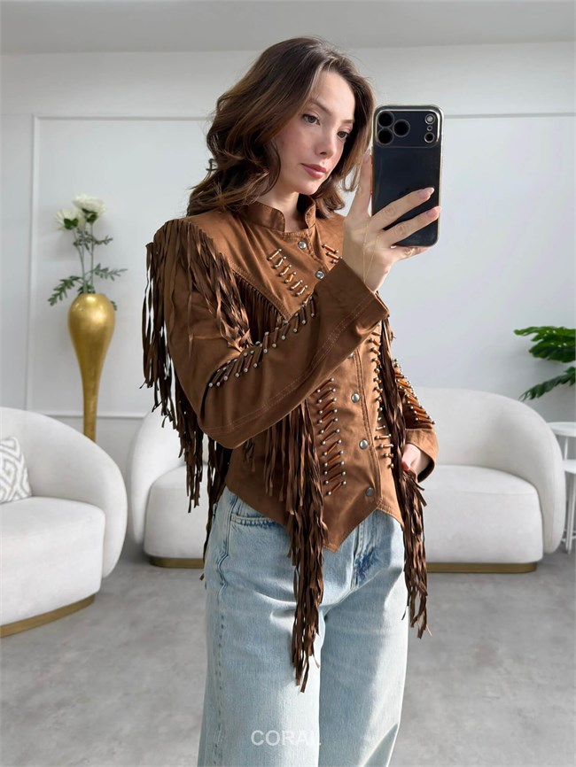 Saçaklı Süet Ceket 37812 Camel