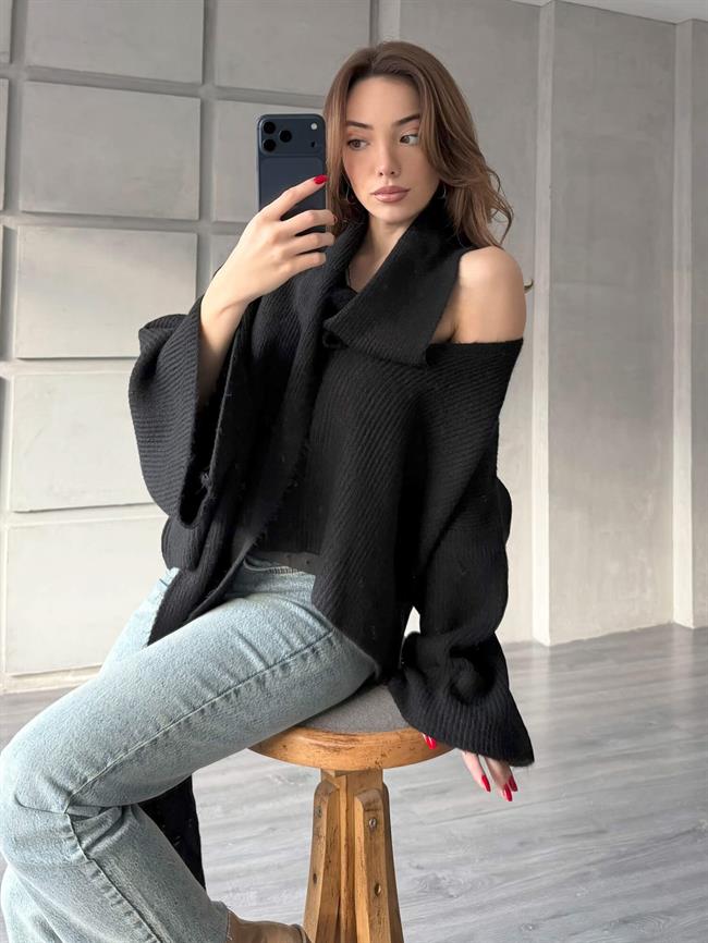 Şal Detaylı Kazak 4596 Siyah