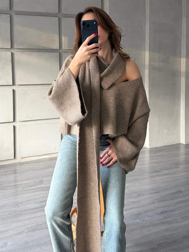 Şal Detaylı Kazak 4596 Vizon