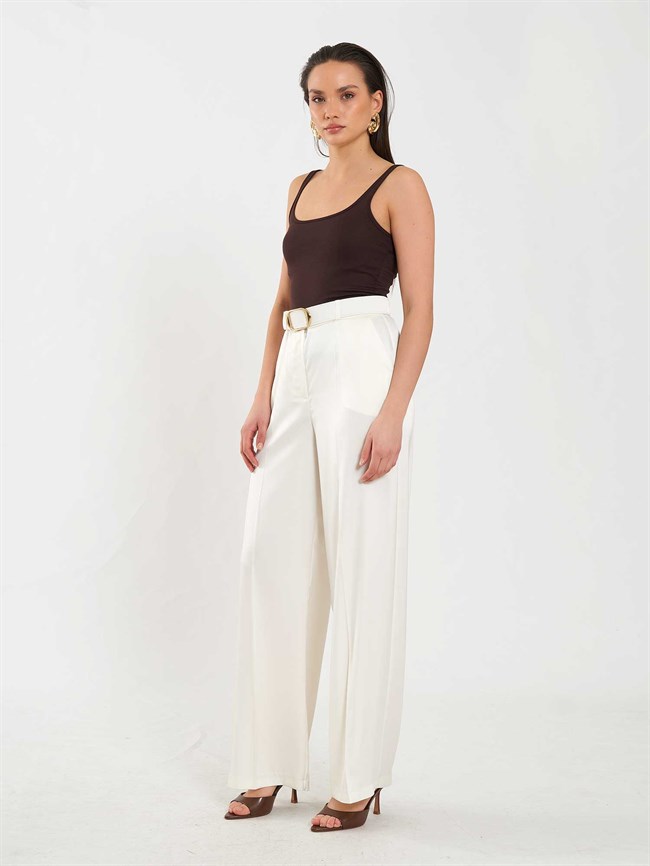 Saten Kemerli Düz Paça Pantolon 031656 Krem