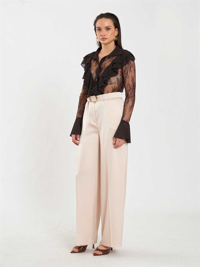 Saten Kemerli Düz Paça Pantolon 031656 Bej
