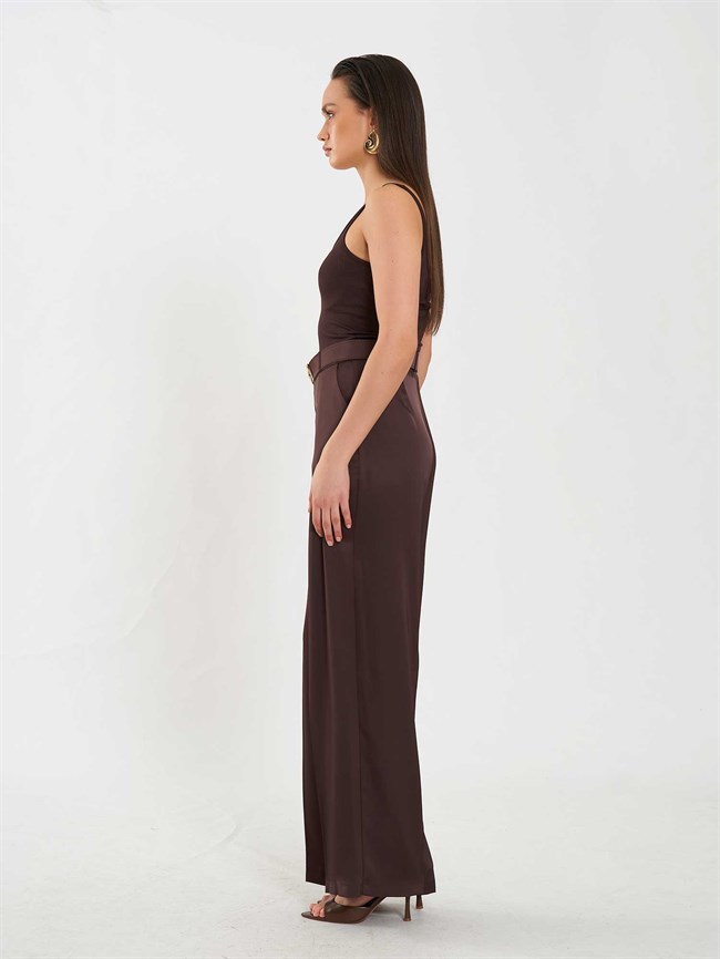Saten Kemerli Düz Paça Pantolon 031656 Kahve