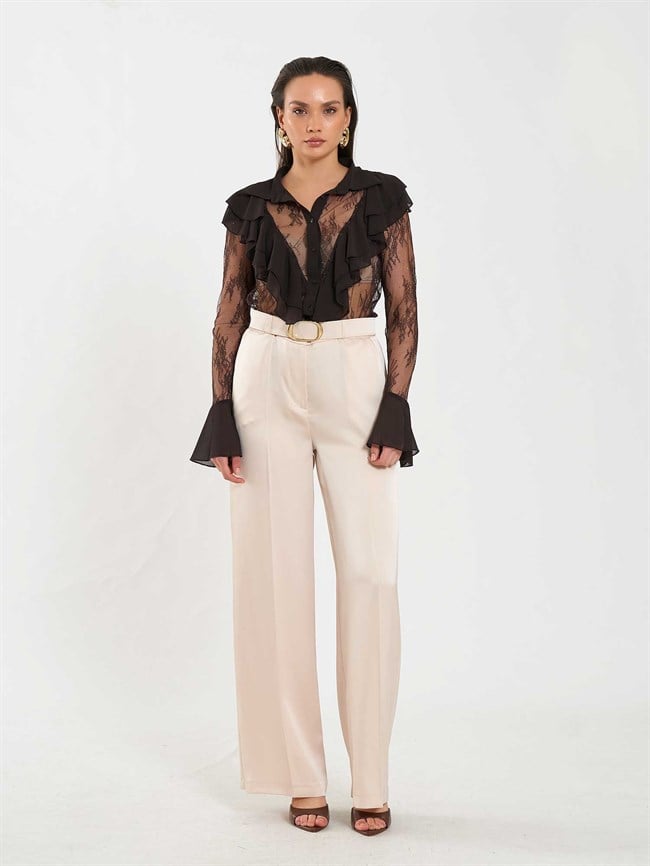 Saten Kemerli Düz Paça Pantolon 031656 Bej