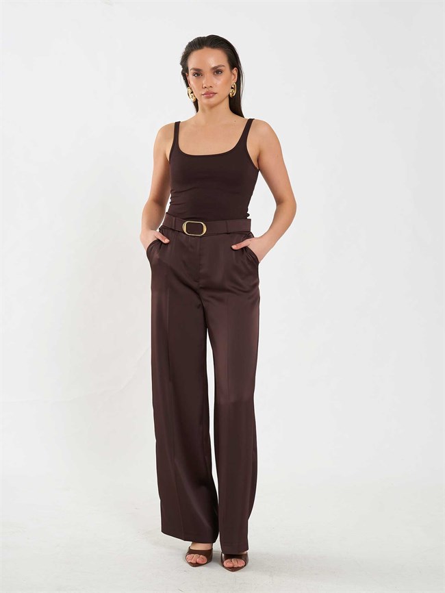 Saten Kemerli Düz Paça Pantolon 031656 Kahve