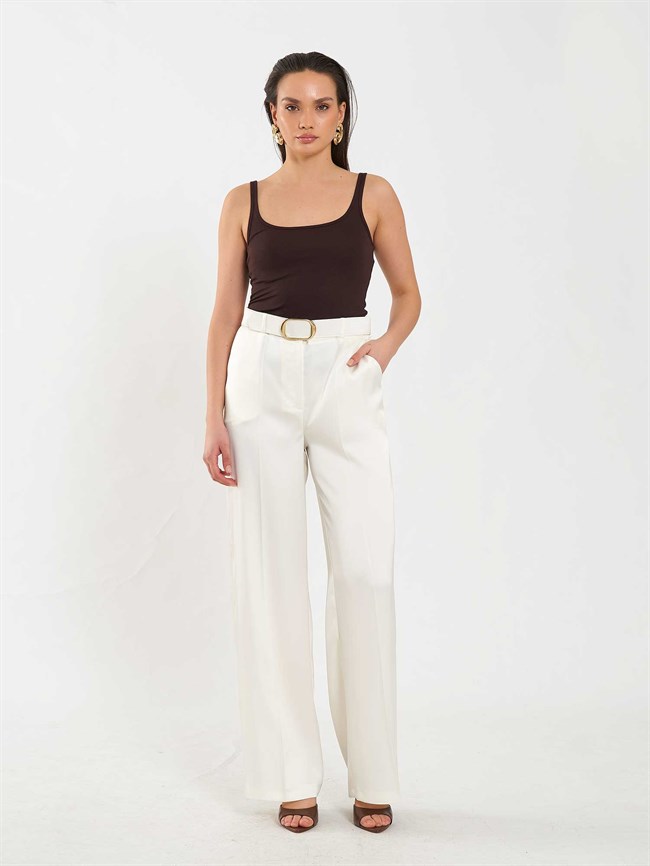Saten Kemerli Düz Paça Pantolon 031656 Krem