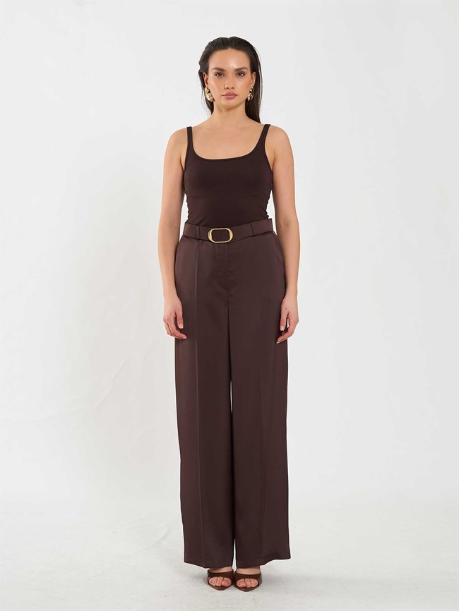 Saten Kemerli Düz Paça Pantolon 031656 Kahve