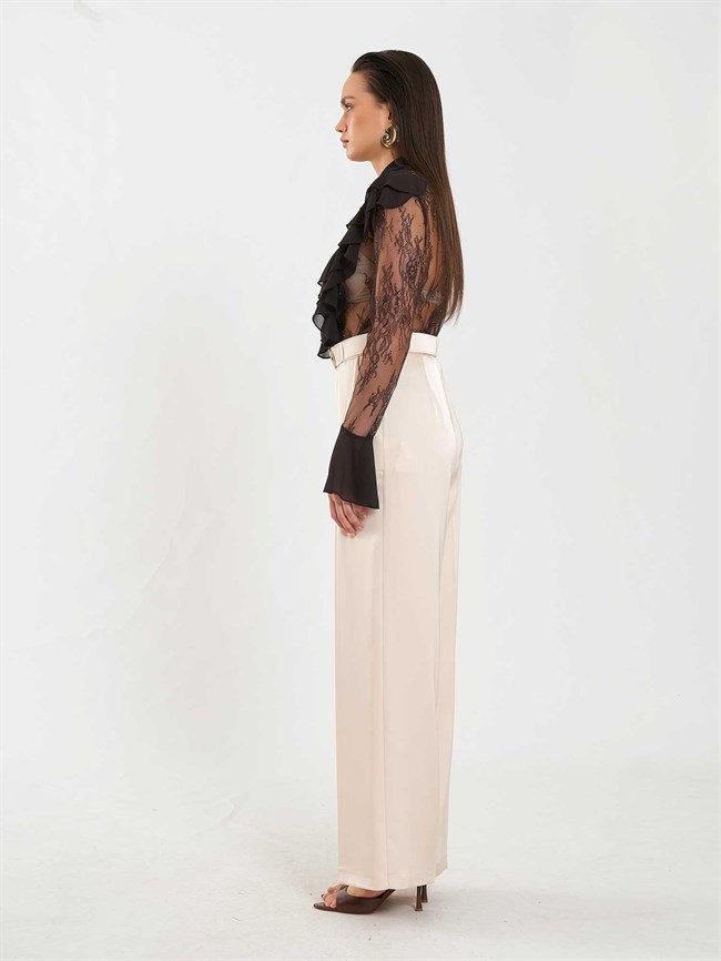 Saten Kemerli Düz Paça Pantolon 031656 Bej