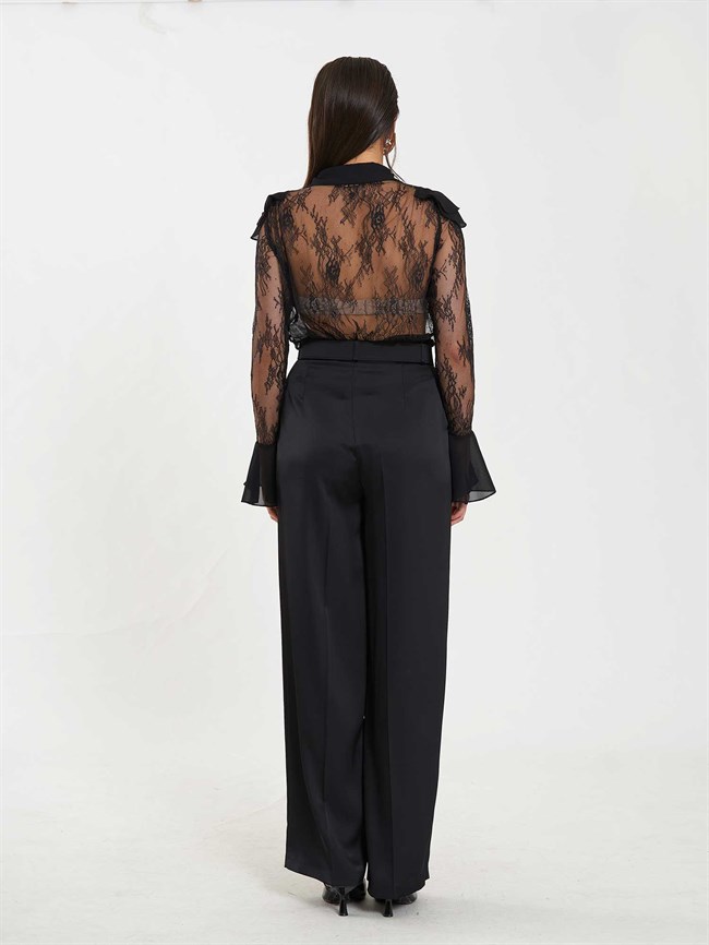 Saten Kemerli Düz Paça Pantolon 031656 Siyah