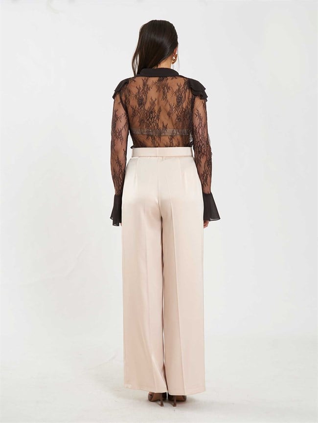 Saten Kemerli Düz Paça Pantolon 031656 Bej