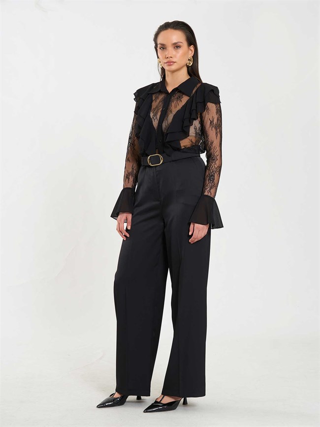 Saten Kemerli Düz Paça Pantolon 031656 Siyah