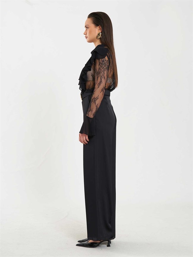 Saten Kemerli Düz Paça Pantolon 031656 Siyah