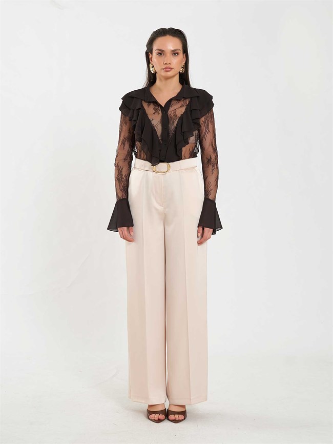 Saten Kemerli Düz Paça Pantolon 031656 Bej
