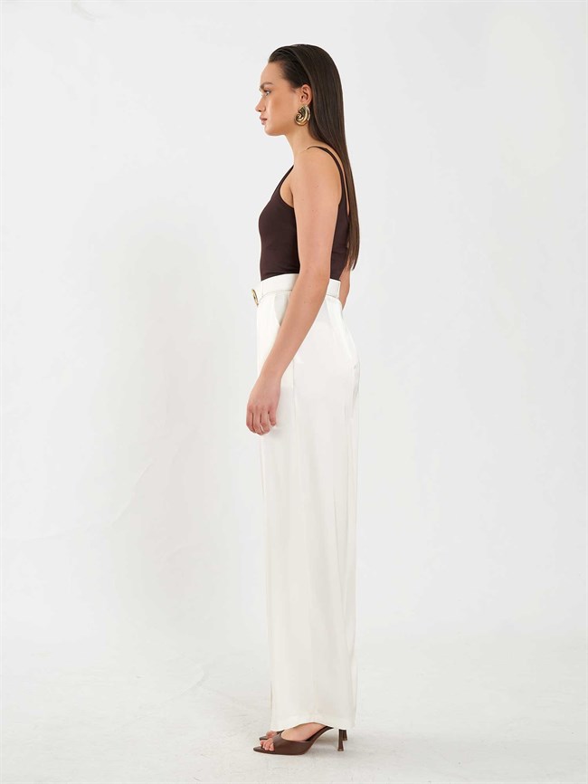 Saten Kemerli Düz Paça Pantolon 031656 Krem