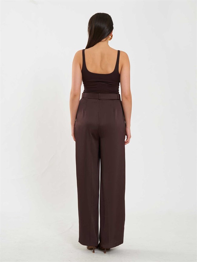 Saten Kemerli Düz Paça Pantolon 031656 Kahve