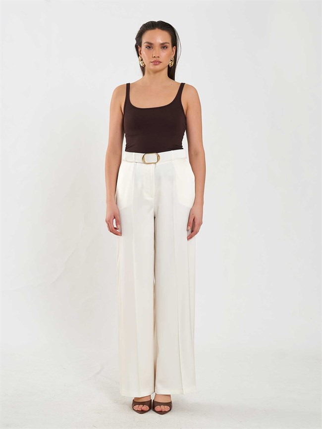 Saten Kemerli Düz Paça Pantolon 031656 Krem