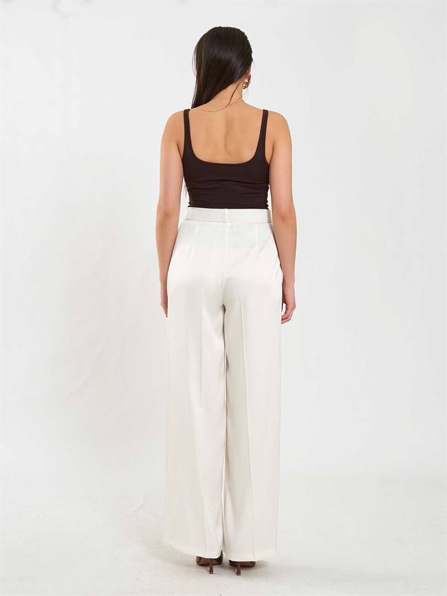 Saten Kemerli Düz Paça Pantolon 031656 Krem