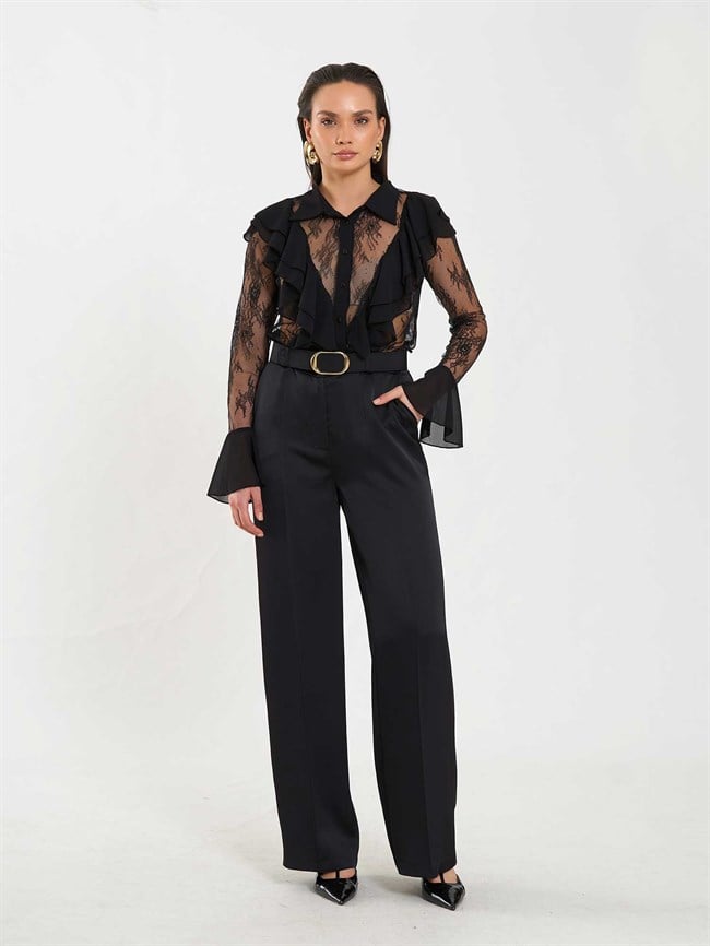 Saten Kemerli Düz Paça Pantolon 031656 Siyah