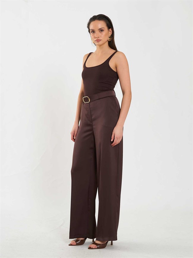 Saten Kemerli Düz Paça Pantolon 031656 Kahve