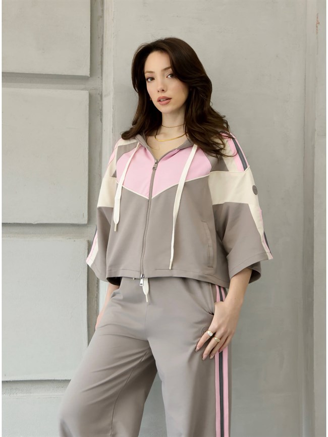 Şerit Detaylı Kapüşonlu Takım 4706 Pembe