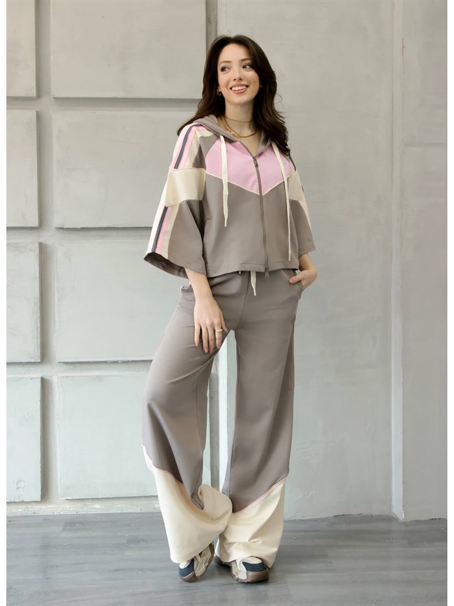 Şerit Detaylı Kapüşonlu Takım 4706 Pembe