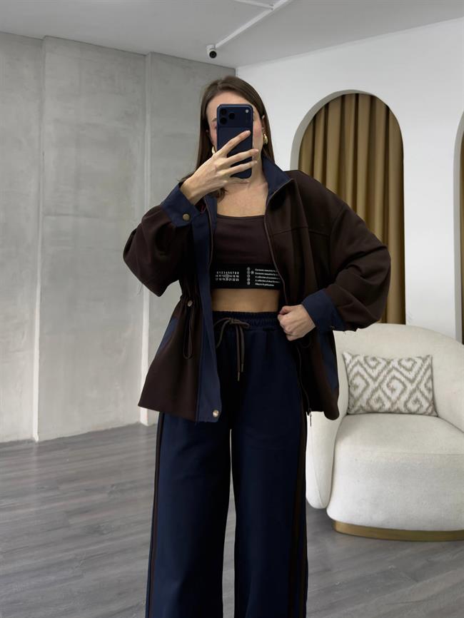 Şeritli Garnili Takım 37060 Kahve - Lacivert