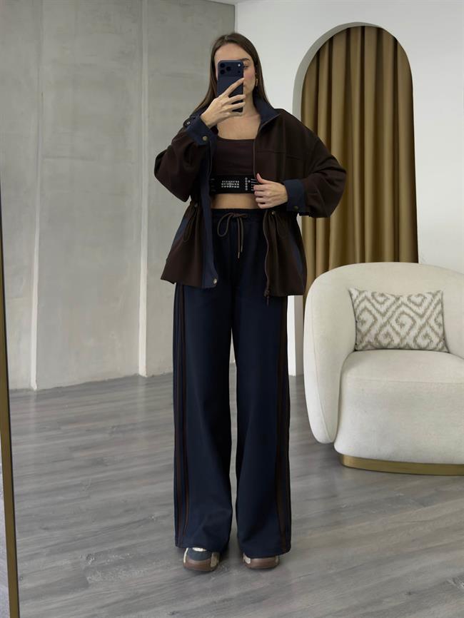 Şeritli Garnili Takım 37060 Kahve - Lacivert