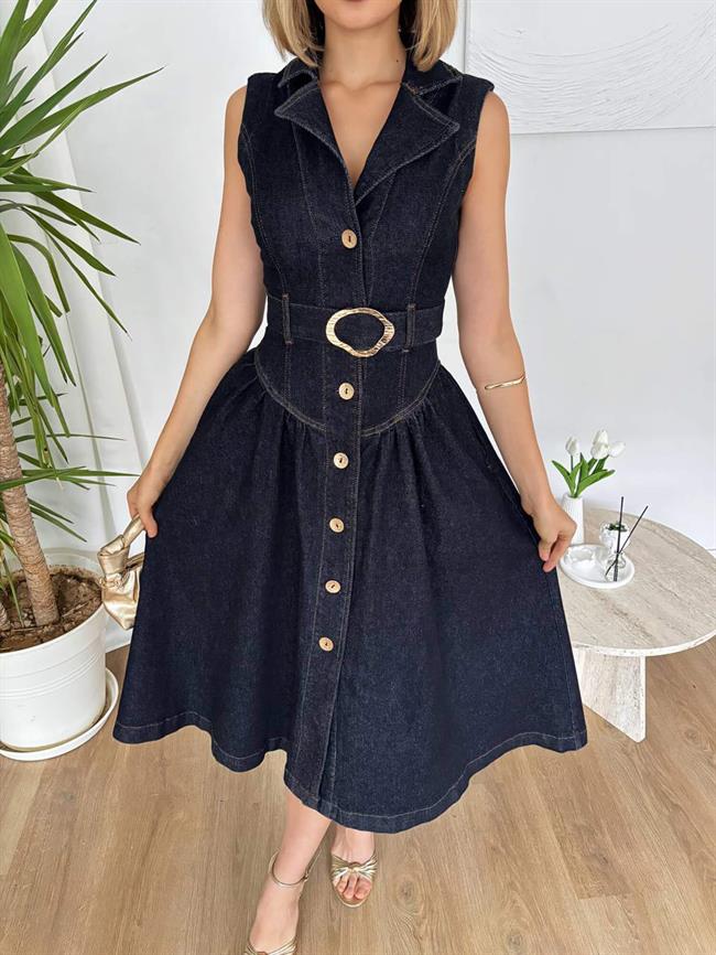 Sıfır Kol Kemerli Kot Elbise 30007 Lacivert