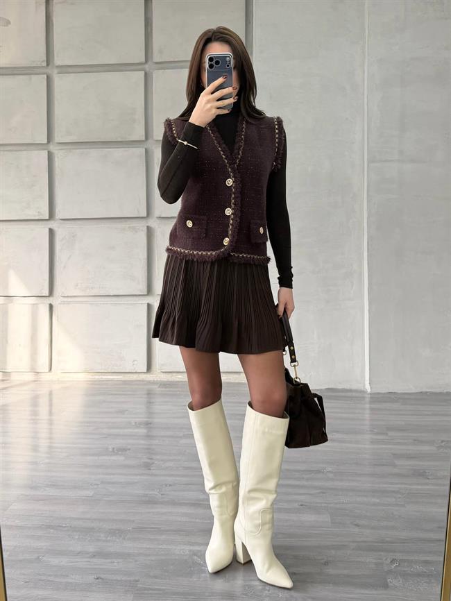 Sim Detaylı Peluş Yelek 140428 Kahve