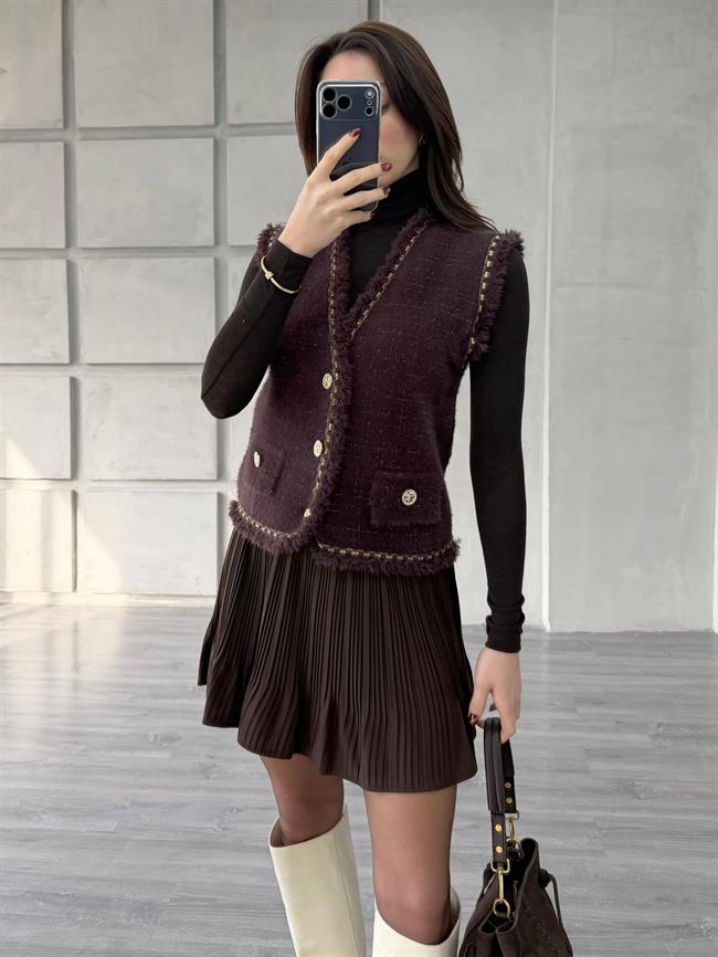 Sim Detaylı Peluş Yelek 140428 Kahve