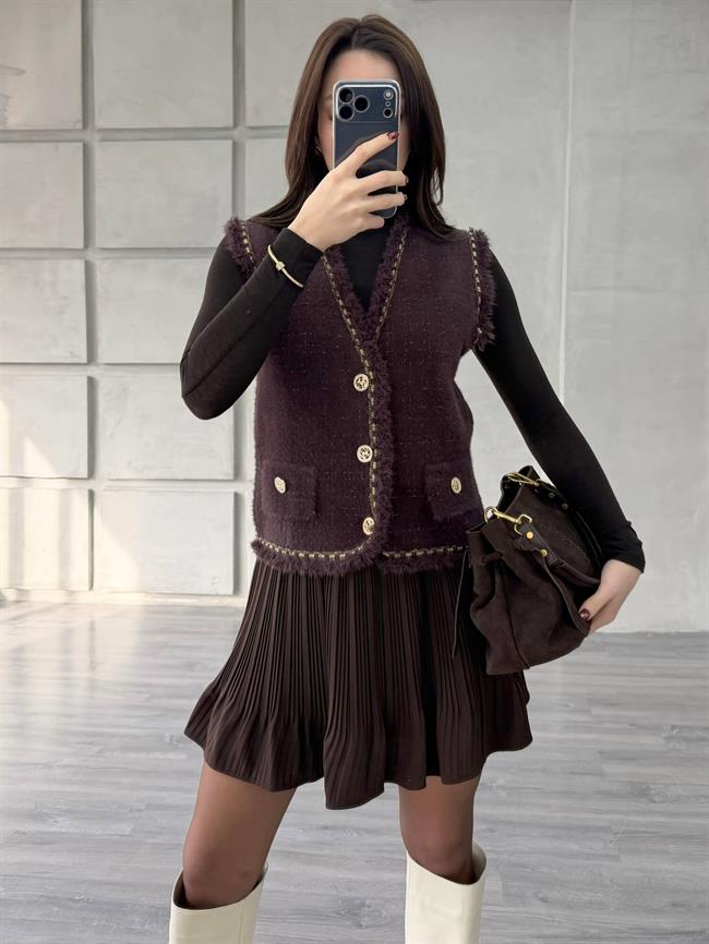 Sim Detaylı Peluş Yelek 140428 Kahve