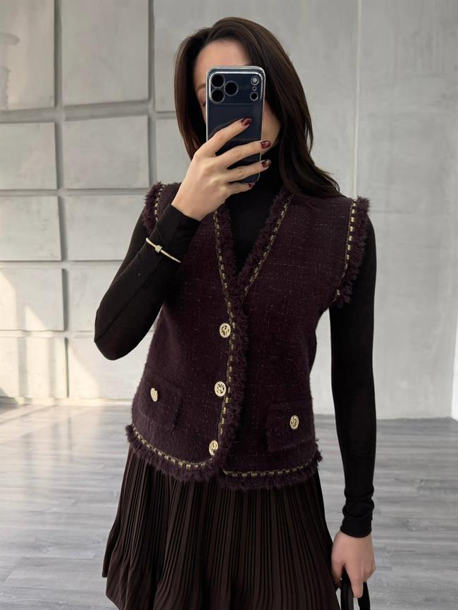 Sim Detaylı Peluş Yelek 140428 Kahve