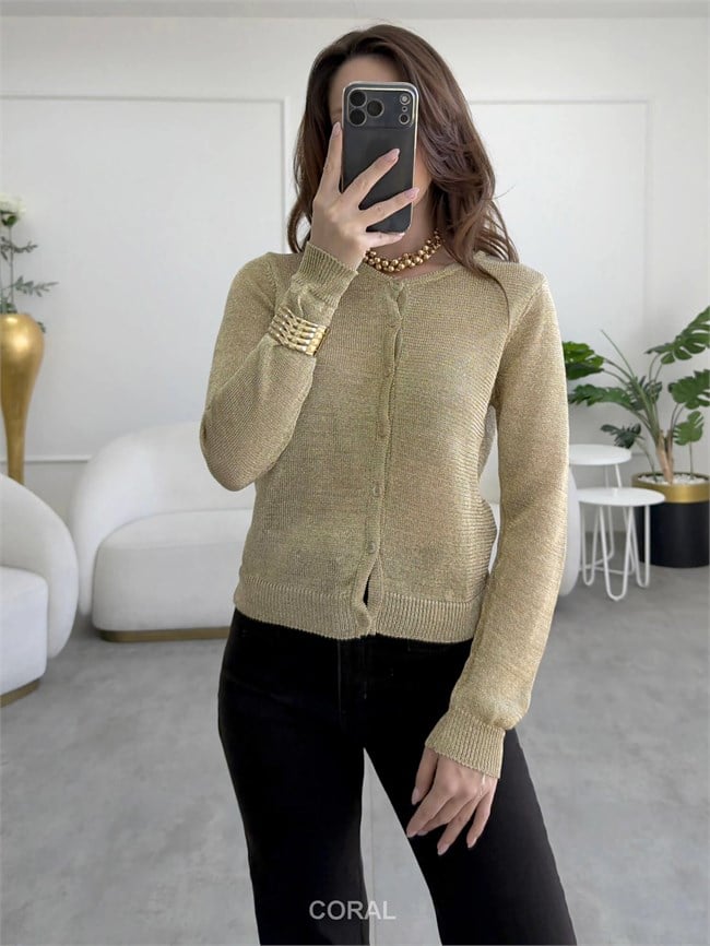 Simli Örme Hırka 2844 Altın