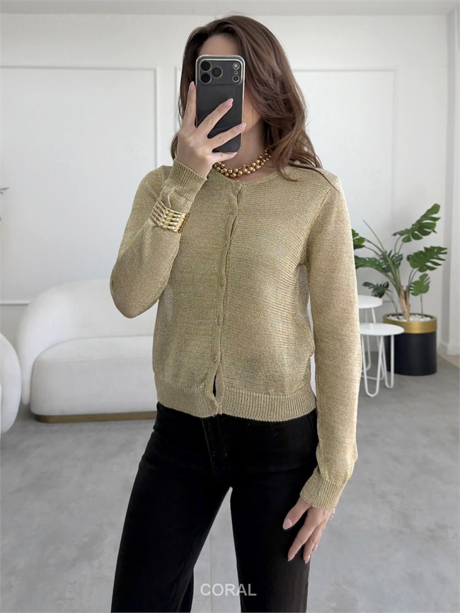 Simli Örme Hırka 2844 Altın
