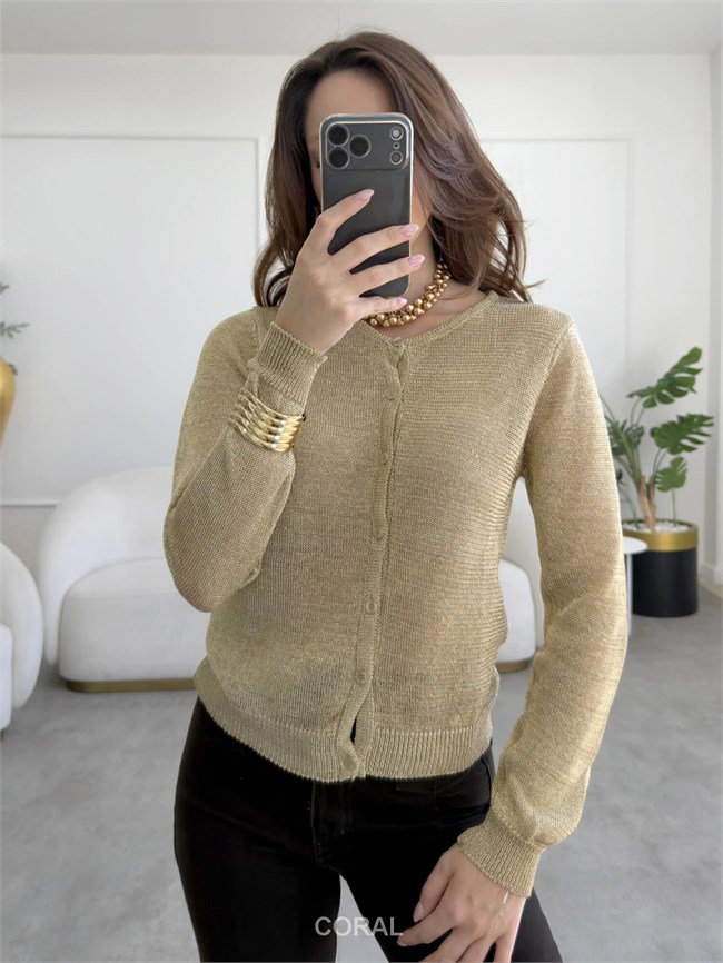 Simli Örme Hırka 2844 Altın