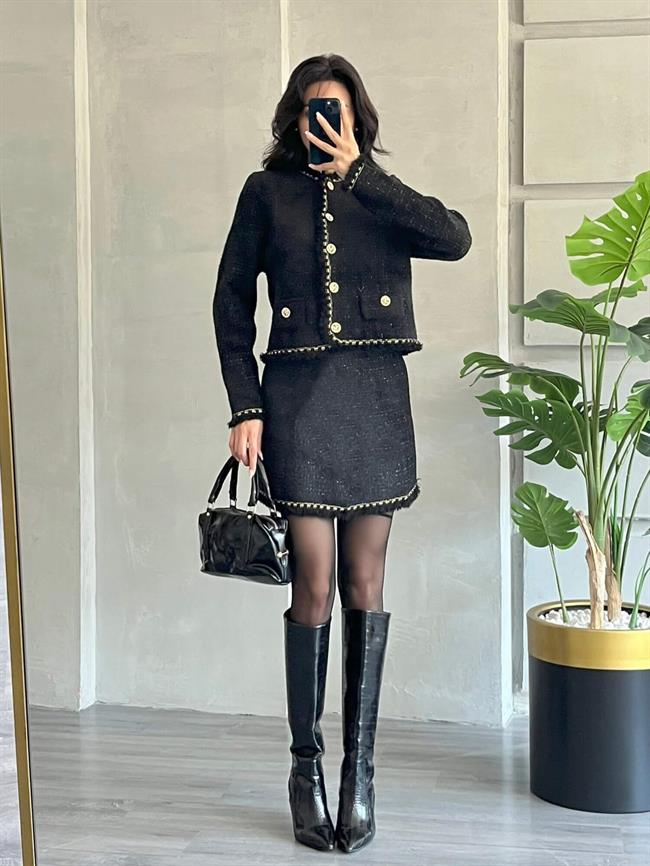 Simli Pileli Etek 140420 Siyah