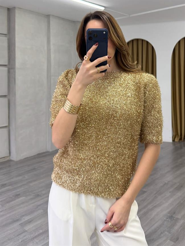 Simli Sakallı Kısa Kol Kazak 7684 Altın