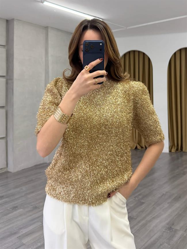 Simli Sakallı Kısa Kol Kazak 7684 Altın