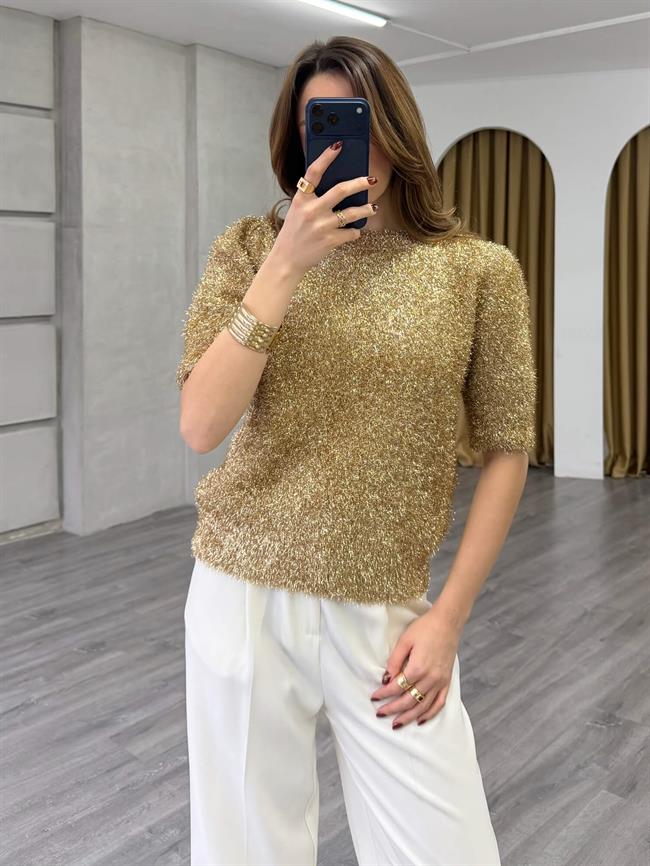 Simli Sakallı Kısa Kol Kazak 7684 Altın