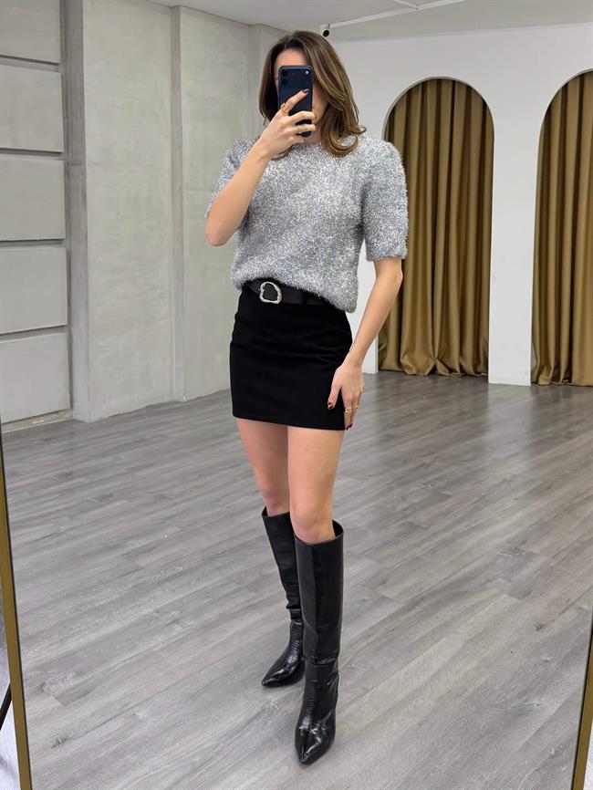 Simli Sakallı Kısa Kol Kazak 7684 Gümüş