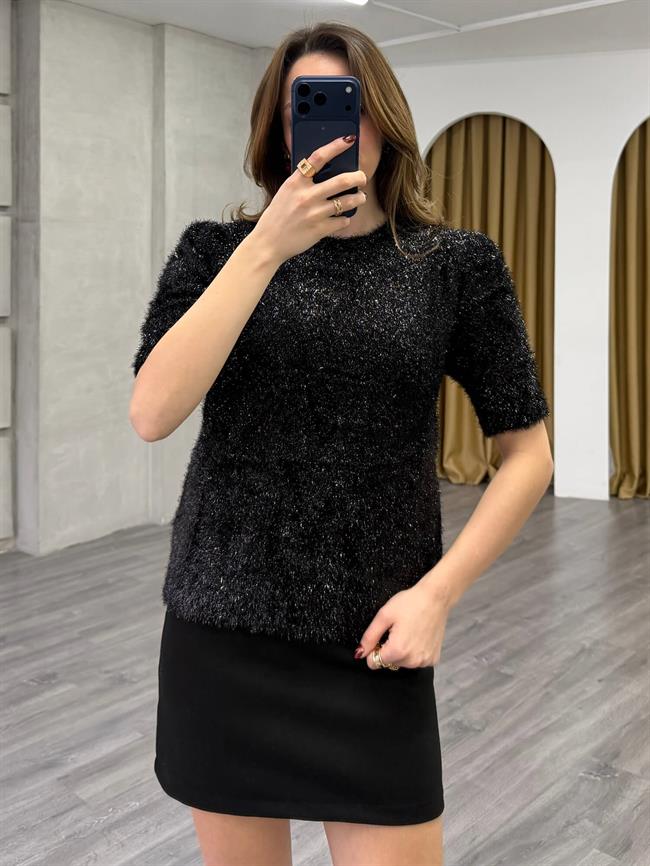 Simli Sakallı Kısa Kol Kazak 7684 Siyah