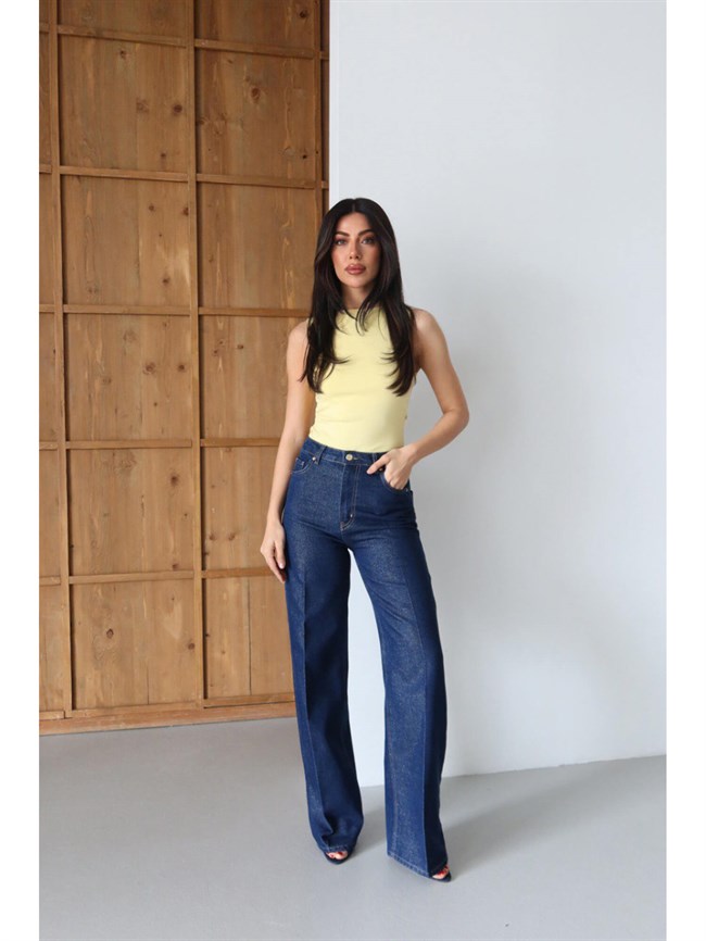 Simli Yüksek Bel Kot Pantolon 8230 Lacivert / Altın