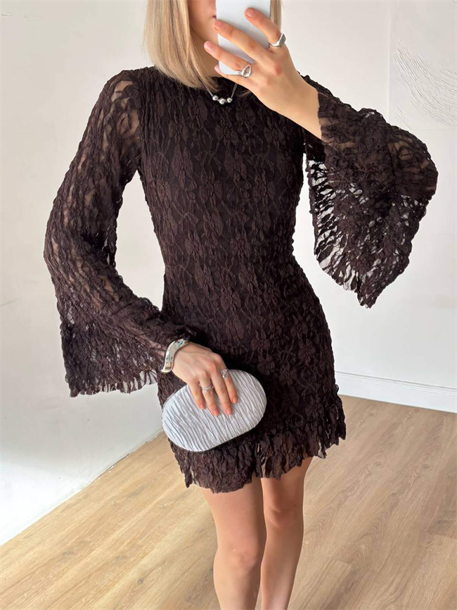 Sırt Dekolteli Büzgülü Tüllü Elbise 20303 Kahve