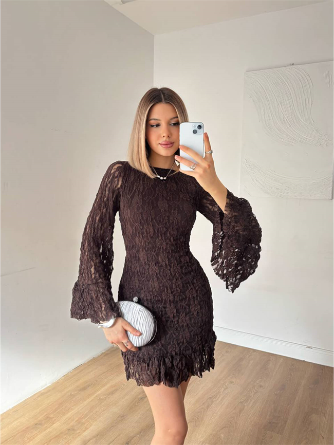 Sırt Dekolteli Büzgülü Tüllü Elbise 20303 Kahve