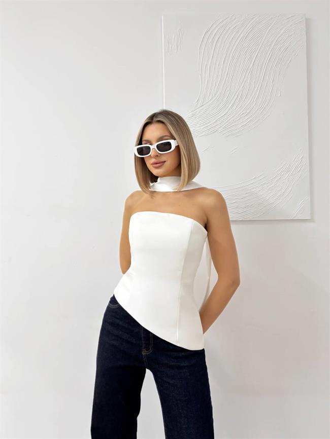 Sırtı Bağcıklı Straplez Verev Bluz 20111 Beyaz